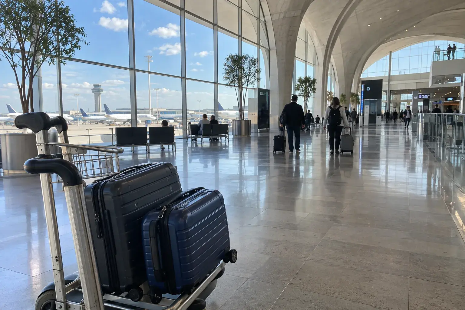 Le hall de départ d’un aéroport, grandes verrières et voûte de béton, un chariot à bagages chargé de deux valises