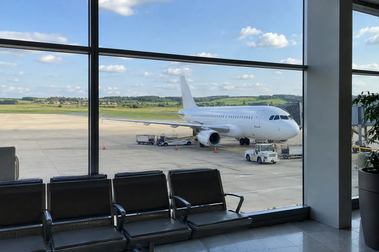 Un avion de ligne blanc stationné sur le tarmac d’un aéroport régional, vu à travers la baie vitrée d’une salle d’embarquement, campagne verte à l’horizon