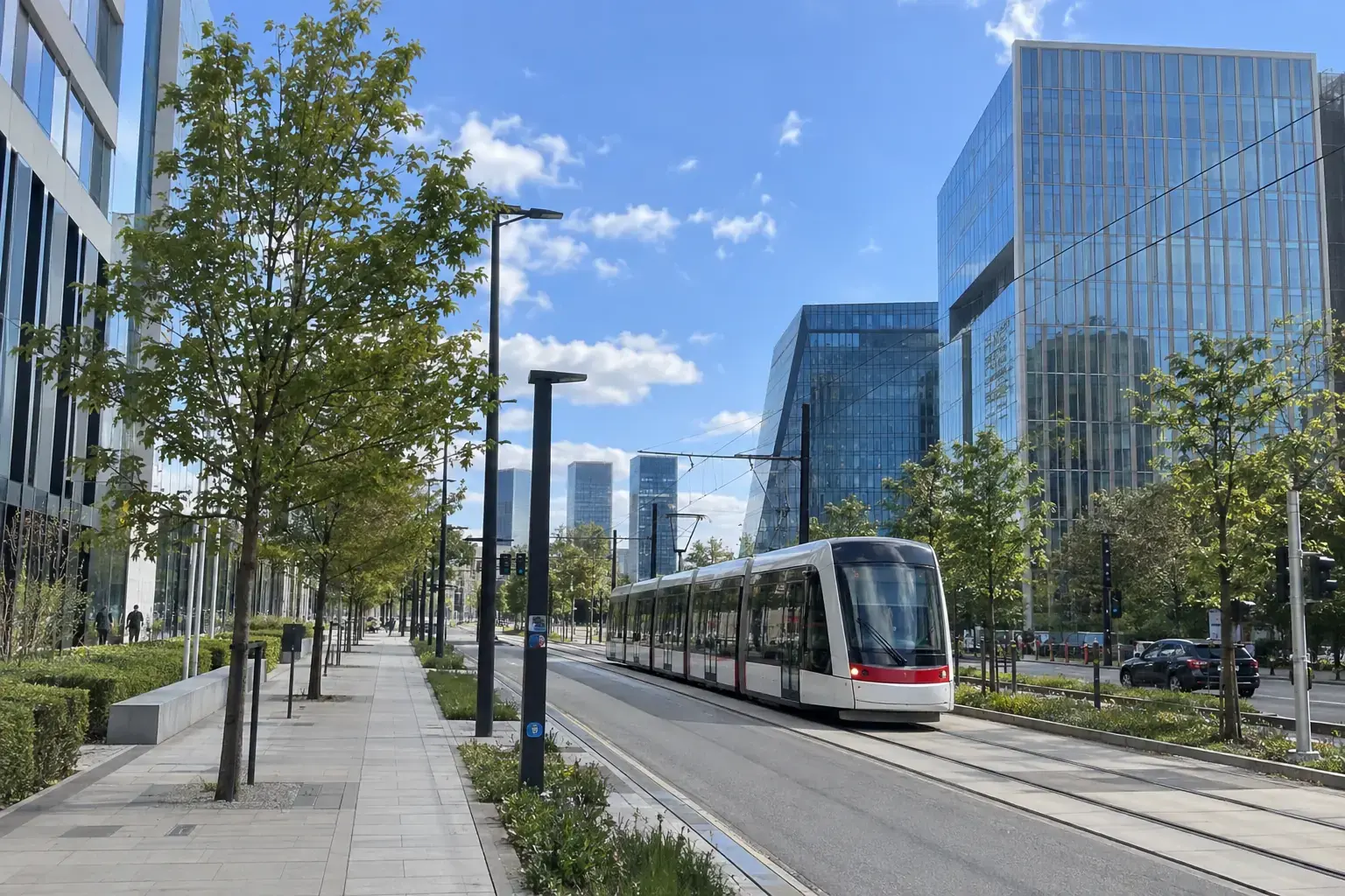 Un tram blanc et rouge sur une avenue bordée d’arbres et d’immeubles de bureaux vitrés, au Kirchberg, à Luxembourg, sous un ciel bleu