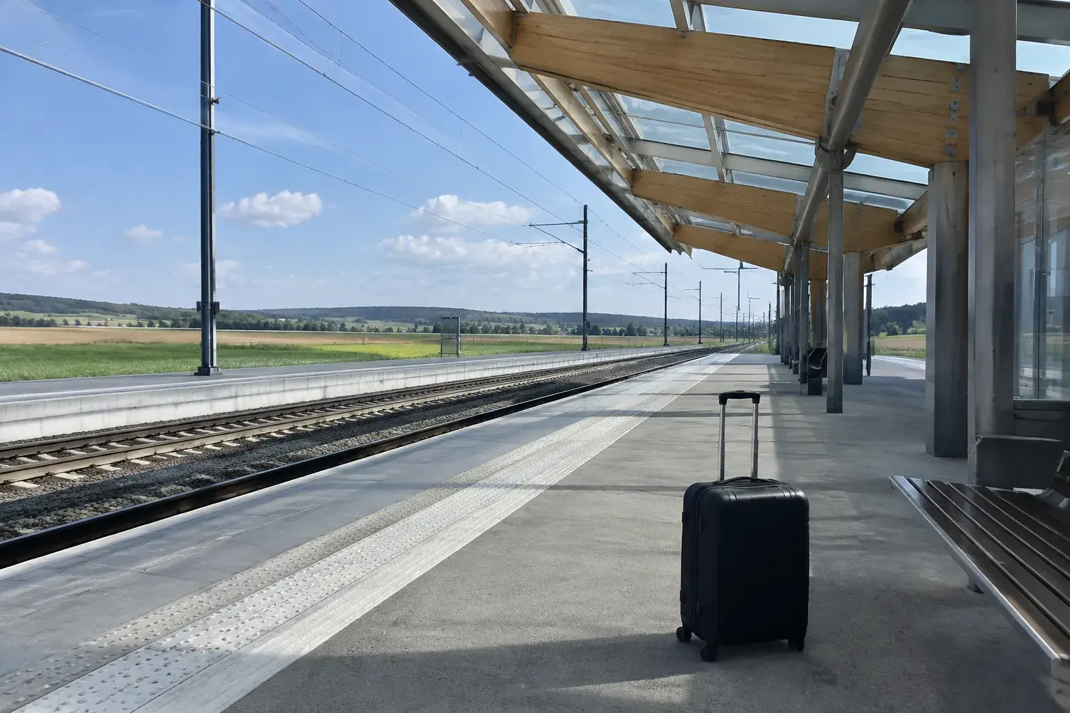 Le quai d’une gare TGV construite en pleine campagne, auvent de bois et de verre, une valise posée sur le quai