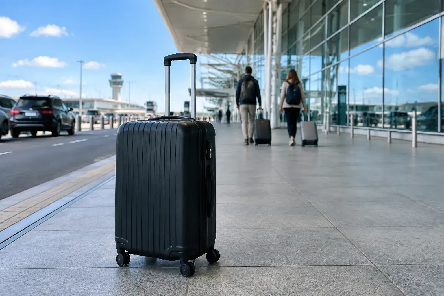 Dépose minute devant un terminal d’aéroport vitré, en plein jour : une valise noire à roulettes attend sur le trottoir